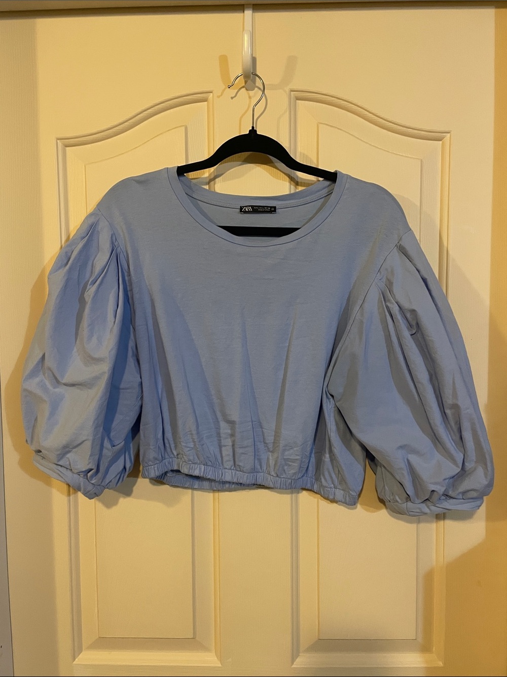 ZARA Powder Blue Puff-Sleeve Cropped Sweatshirt